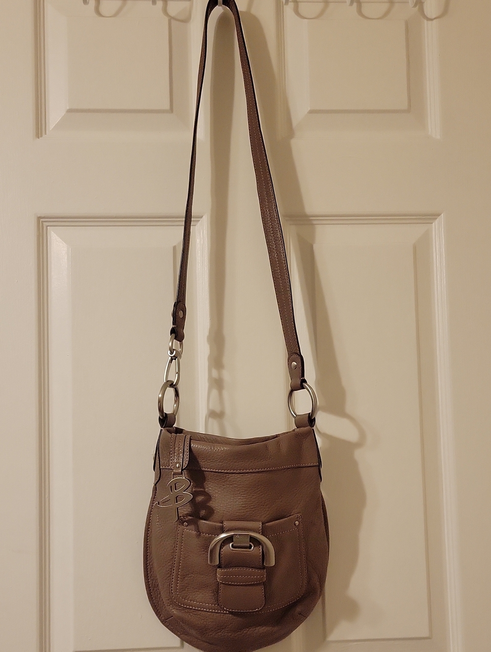 B Makowsky Taupe Pebbled Leather Crossbody Bag with Front Buckle Pocket